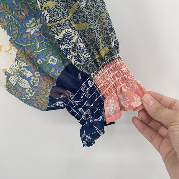 Bunulu Women's XL Mixed Print Boho Peasant Smocked Beaded Tie Front Blouse Sheer - Picture 7 of 13